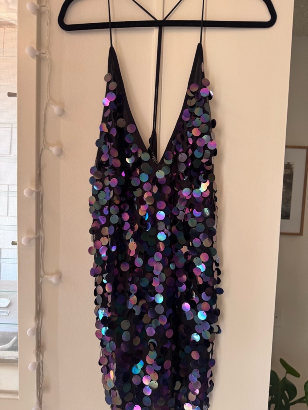 Motel Rocks Black Backless Sequin Mini Dress with Iridescent Purple & Blue Discs